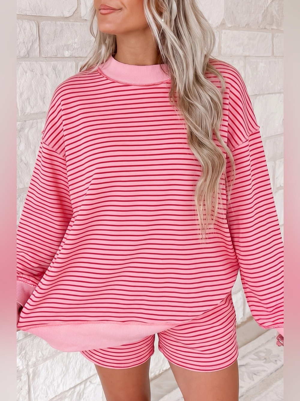 Stripe Ribbed Patchwork Mock Neck Baggy Pullover Matching Shorts Set